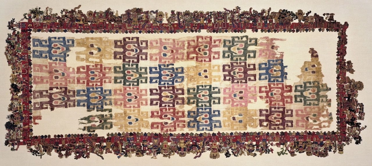 Nasca. Mantle, known as The Paracas Textile, Fragments, 100-300 C.E. Cotton, camelid fiber, textile: 58 1/4 x 24 1/2 in. (148 x 62.2 cm). Brooklyn Museum, John Thomas Underwood Memorial Fund, 38.121