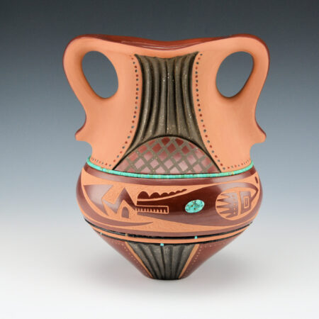 Sanchez, Russell  -  Deep Red Jar with Handles & Avanyu