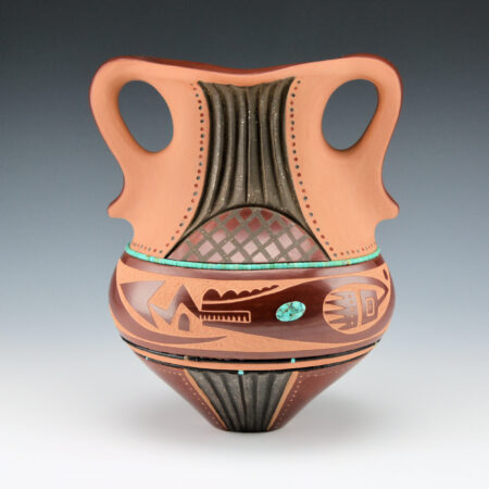 Alternative view of Sanchez, Russell  -  Deep Red Jar with Handles & Avanyu