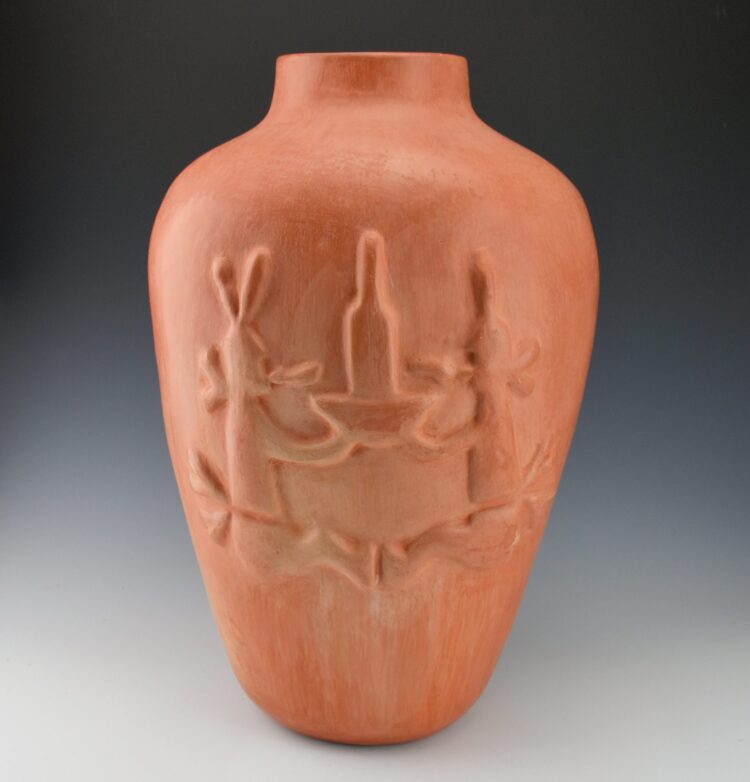White, Elizabeth - 16" Tall Red Jar with Bean Dance Figures (1970's)