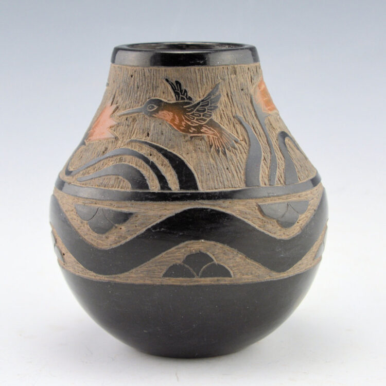 Moquino, Corn - Black & Sienna Jar with Hummingbirds (1980s)