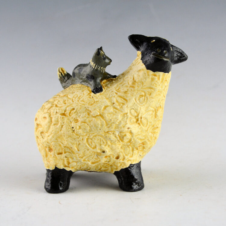 Manygoats, Elizabeth - Sheep and Dark Gray Spotted Dog Clay Figure