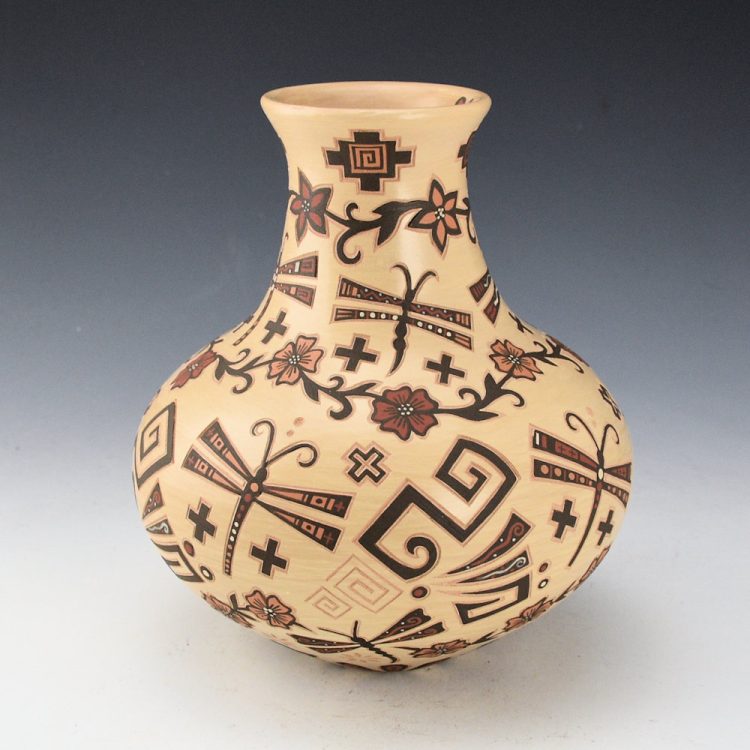 Fragua, Glendora - Large Tan Polychrome Water Jar with Dragonflies and Flowers
