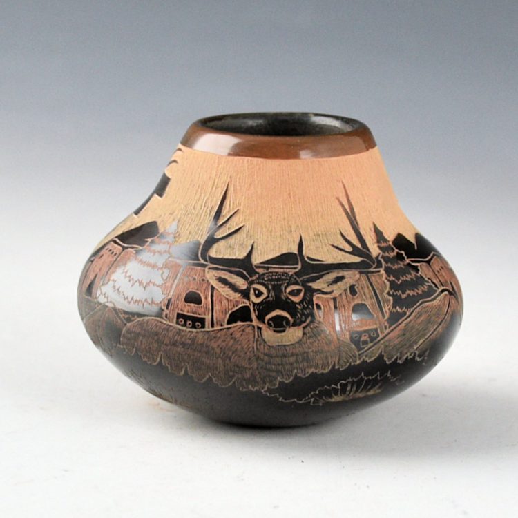 Naranjo, Kevin & Maria Rose - Jar with Deer, Pueblo, and Feather Designs (1994)