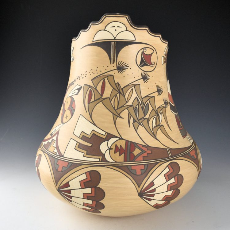 Gutierrez, Lois  - 11" Tall Polychrome Kiva Rim Jar with Corn Dancers and Corn (1987)