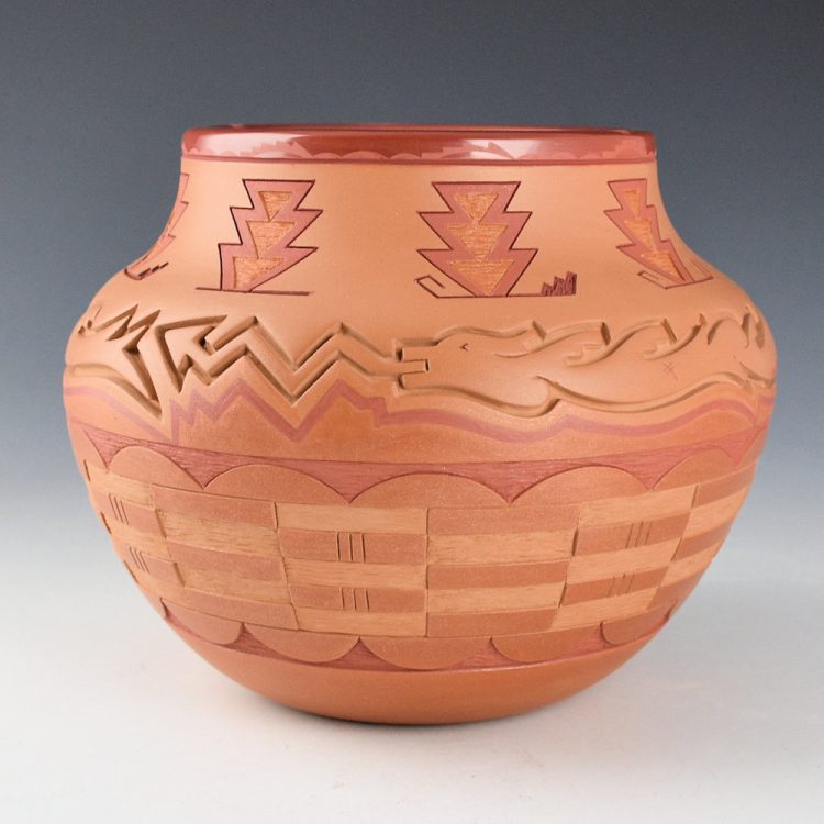 Curran, Dolores - Large Polychrome Jar with Avanyu and Prayer Feathes