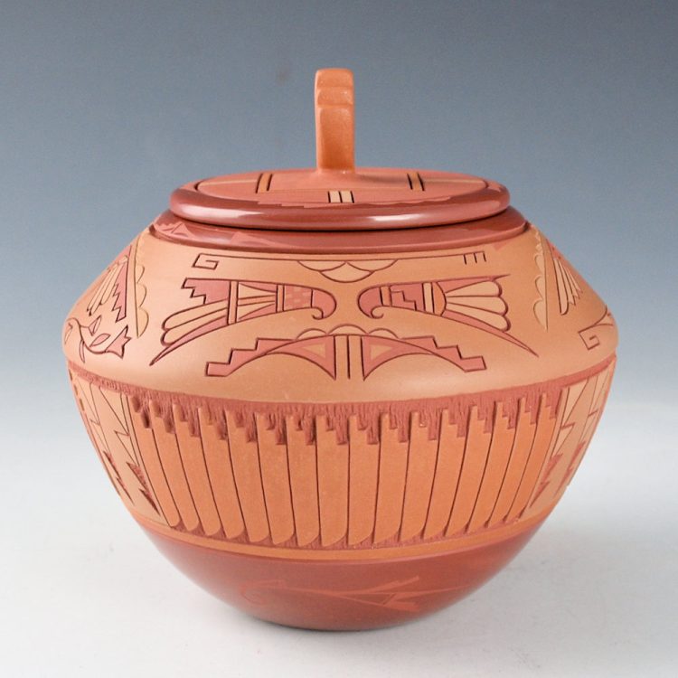 Curran, Dolores - Polychrome Jar with Feather and Bird Designs with Lid