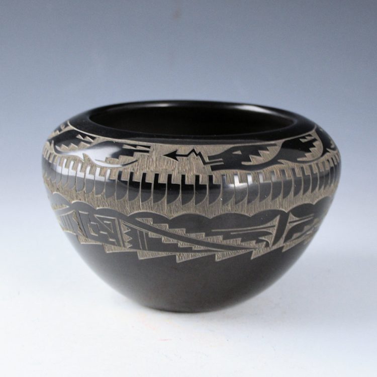 Naranjo, Geri  - Large Black Bowl with Avanyu, Feathers, and Clouds
