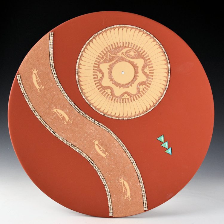 Gonzales, John - Plate with Feather Pattern, Flute Players, Turquoise and Diamond (1997)