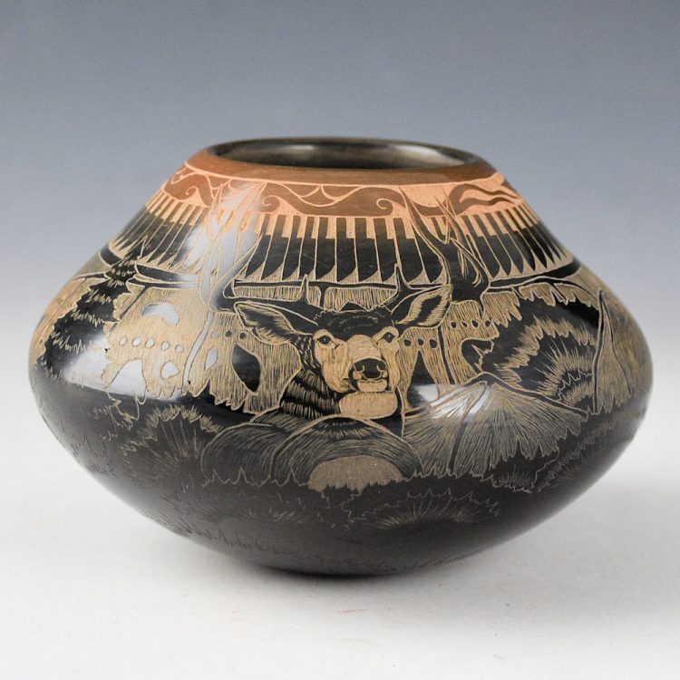 Naranjo, Kevin & Maria Rose - Jar with Deer, Pueblo, and Feather Designs (1994)