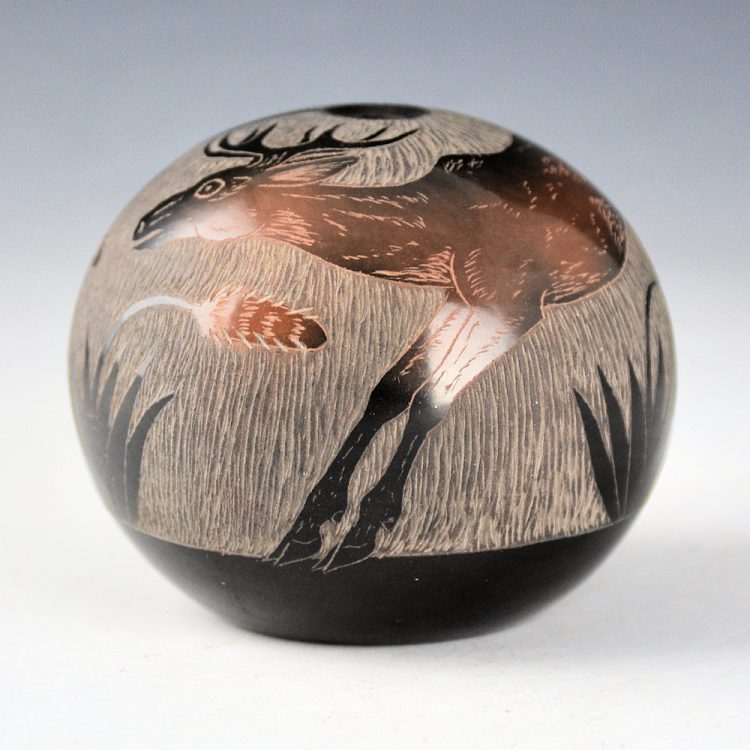 Moquino, Corn - Black & Sienna Seedpot with Deer (1980s)