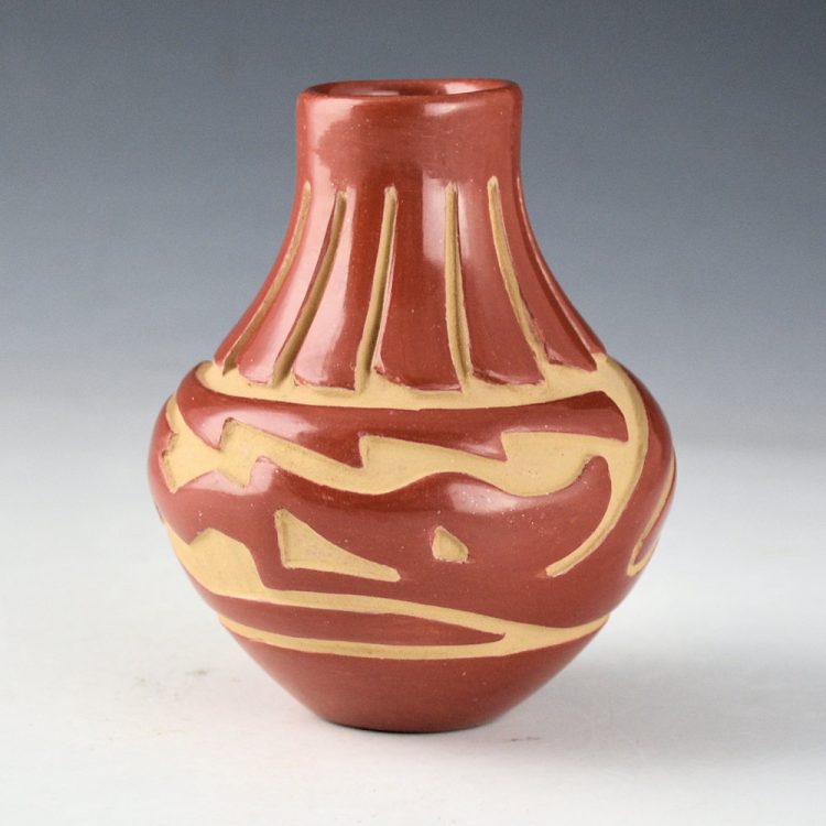 Chavarria, Denise - Red Water Jar with Carved Avanyu and 12 Feathers