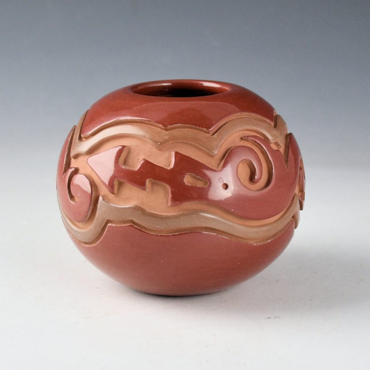 Tafoya-Sanchez, Linda - Red and Tan Bowl with Carved Avanyu