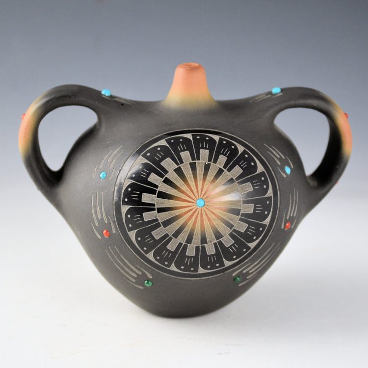 Suazo, Ron - Black and Sienna Canteen with Feather Design and Bear Paws (1990s)