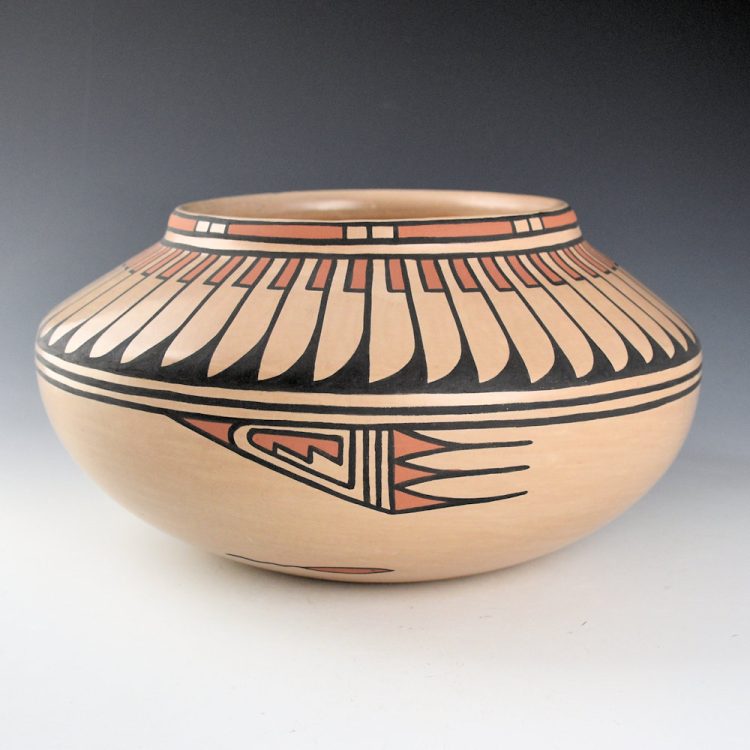 Blue Corn - 10" Wide Polychrome Jar with 48 Feathers, Clouds, and Tadpoles (1970)