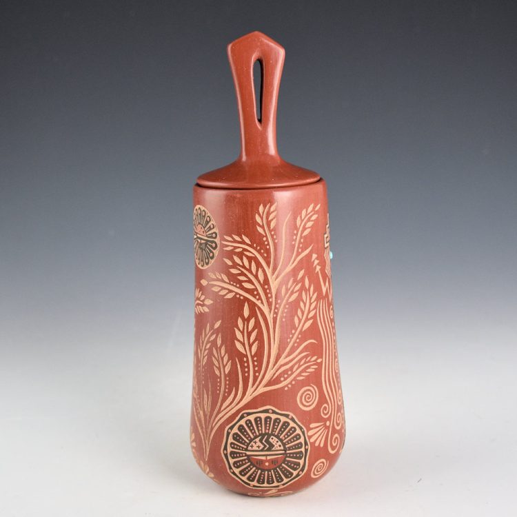 Fragua, Glendora - Red Lidded Jar with Yei, Sun, and Plant Designs