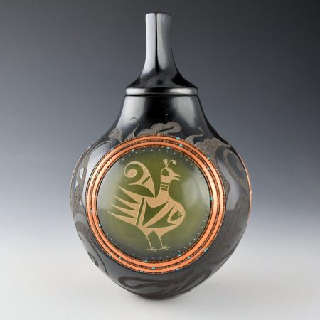 Alternative view of Sanchez, Russell  - Black and Green Jar with Three Pueblo Quail Medallions and Lid