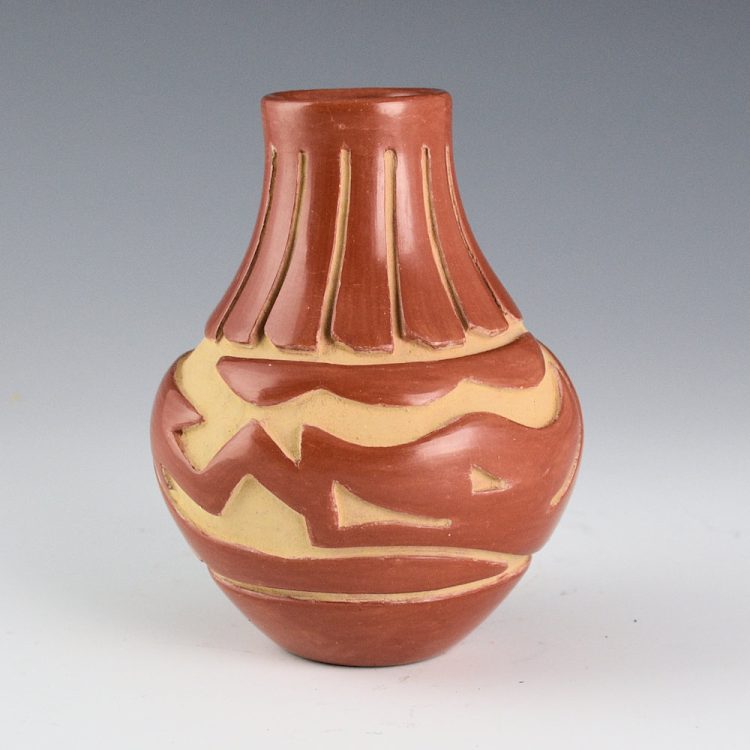 Chavarria, Denise - Red Water Jar with Carved Avanyu and 14 Feathers