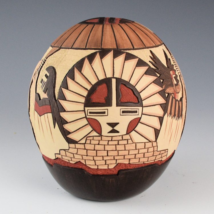 Namoki, Lawrence - Large Seedpot with Sun, Crow Mother, Longhair and Hano Mana (1988)