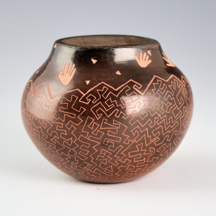 Naranjo, Dusty - Brown Oval Jar with Hands and Geometrics