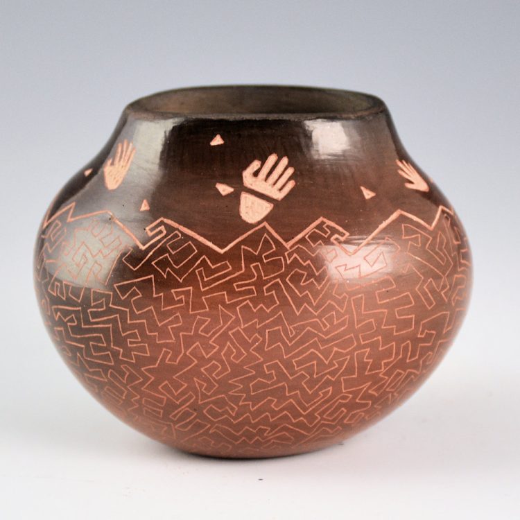 Naranjo, Dusty - Brown Oval Jar with Hands and Geometrics - Image 2