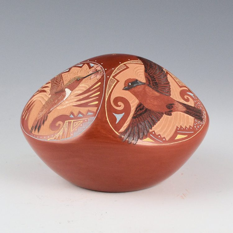 Tafoya, Jennifer - Red Seedpot with Hummingbird, Cardinal, Tanager, and Flycatcher