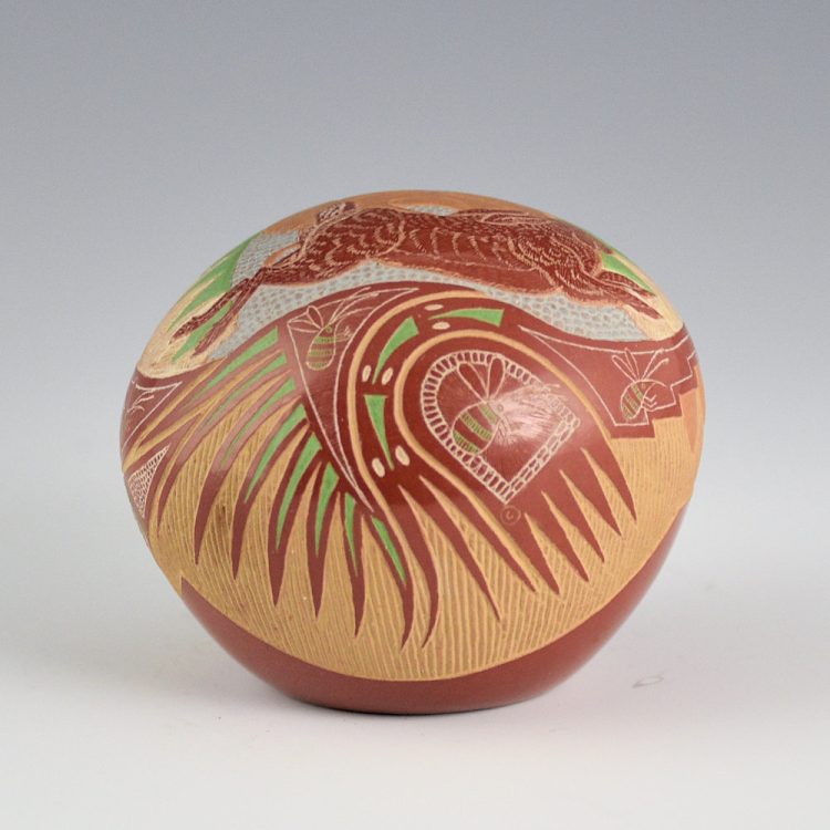 Lonewolf, Joseph - Relief Carved Seedpot with Rabbits, Bees, and Feathers (1978) - Image 2