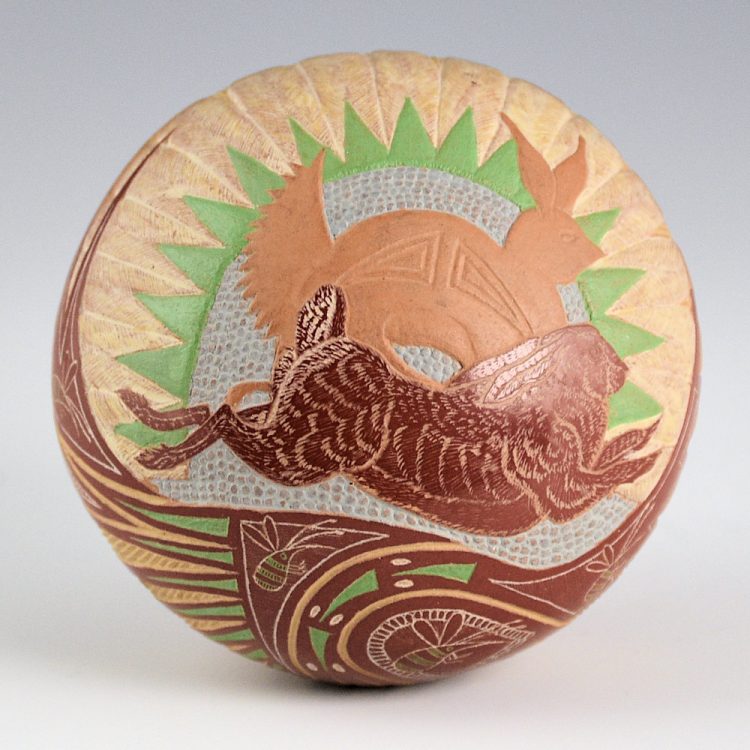 Lonewolf, Joseph - Relief Carved Seedpot with Rabbits, Bees, and Feathers (1978)