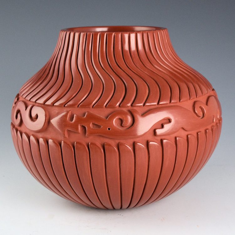 Tafoya-Sanchez, Linda - Red Jar with Double Avanyu and 102 Carved Feathers