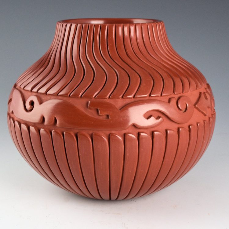 Tafoya-Sanchez, Linda - Red Jar with Double Avanyu and 102 Carved Feathers - Image 4