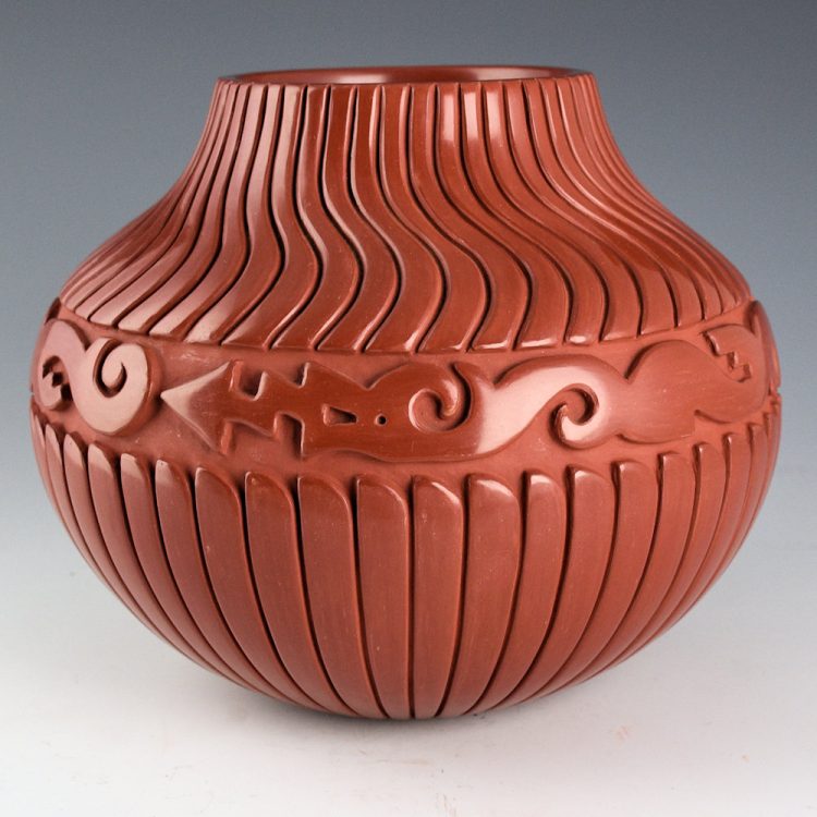 Tafoya-Sanchez, Linda - Red Jar with Double Avanyu and 102 Carved Feathers - Image 2