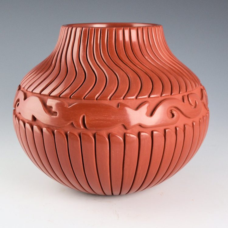 Tafoya-Sanchez, Linda - Red Jar with Double Avanyu and 102 Carved Feathers - Image 3