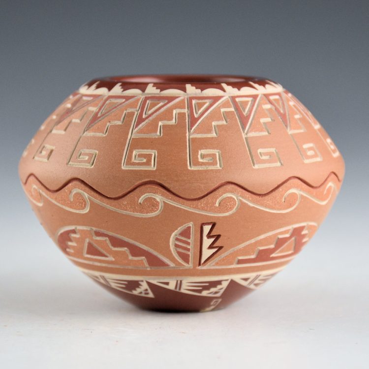 Curran, Dolores - Small Jar with Avanyu, Clouds and Kiva Step Designs - Image 4