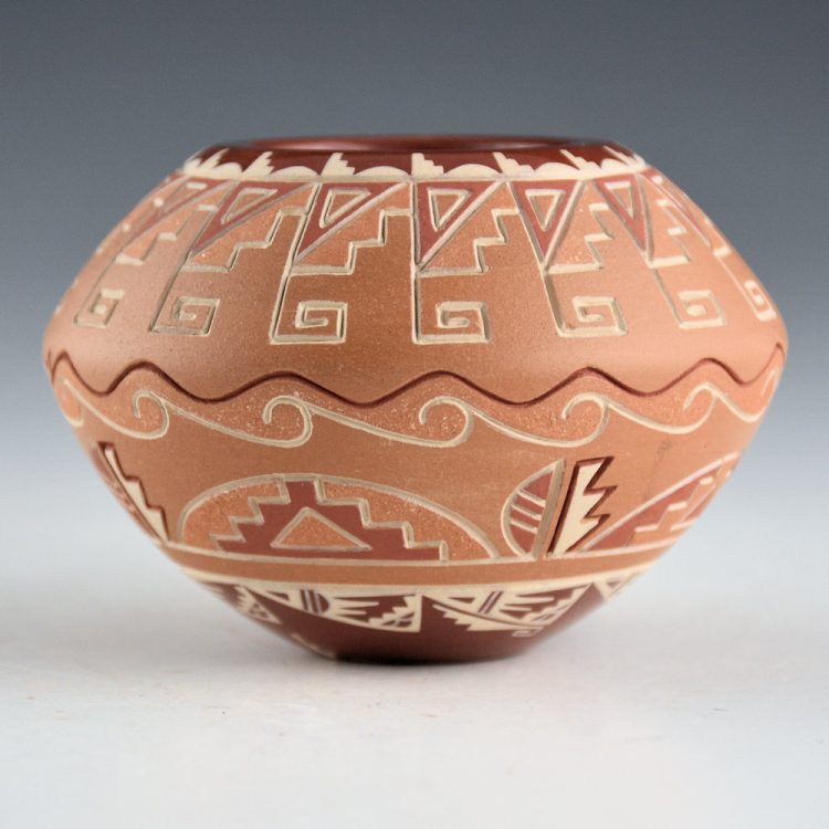 Curran, Dolores - Small Jar with Avanyu, Clouds and Kiva Step Designs - Image 3