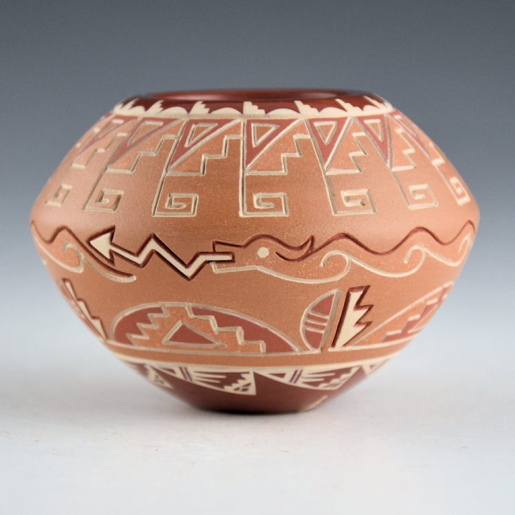 Curran, Dolores - Small Jar with Avanyu, Clouds and Kiva Step Designs