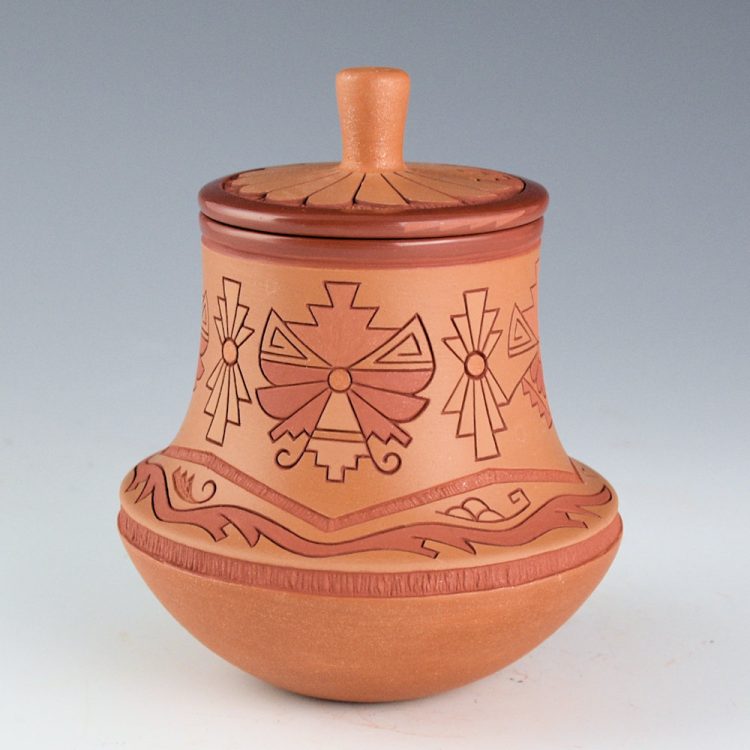 Curran, Dolores - Polychrome Water Jar with Avanyu and Feather Design Lid - Image 3