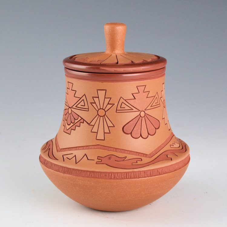 Curran, Dolores - Polychrome Water Jar with Avanyu and Feather Design Lid