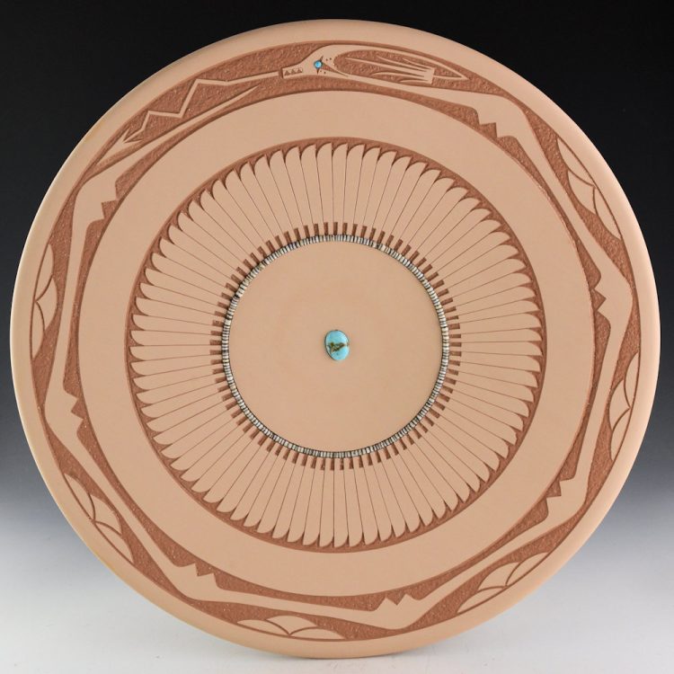 Gonzales, John - 13" Plate with Avanyu, 92 Feathers, and Turquoise (2005)