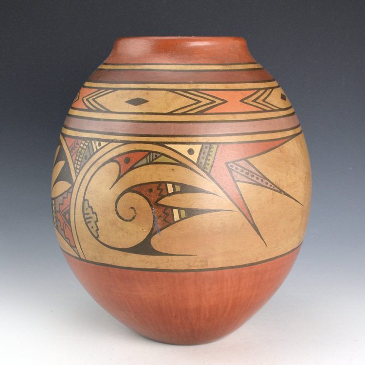 Gutierrez, Lela & Van - 9" Tall Polychrome Jar with Swirling Birds (1930s)