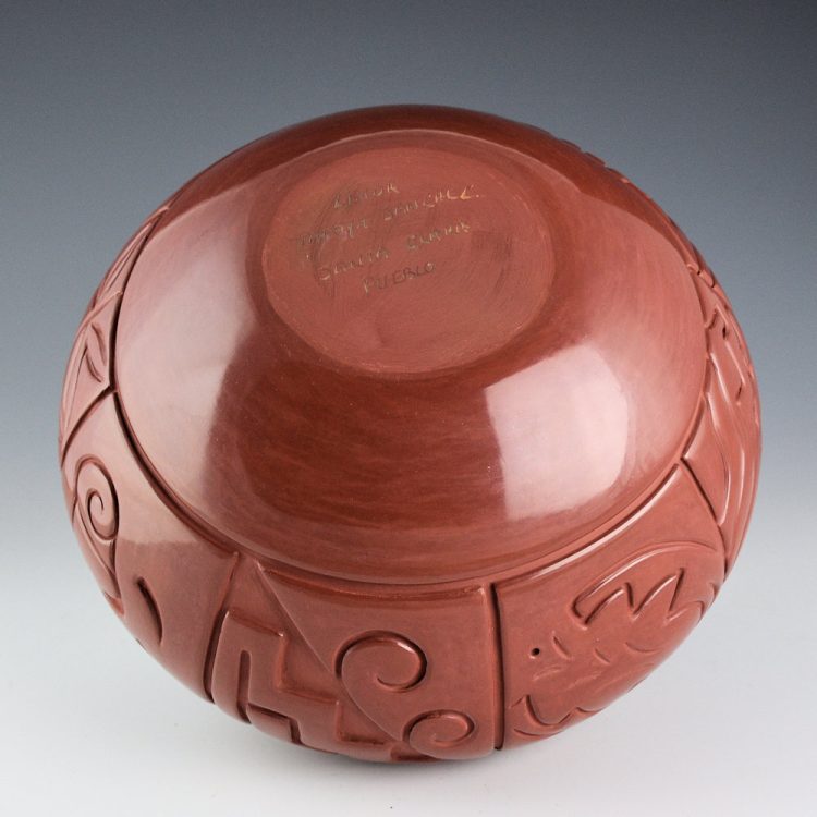 Tafoya-Sanchez, Linda - 8.75" Wide Red Bowl with Eight Design Panels, Star Rim - Image 8