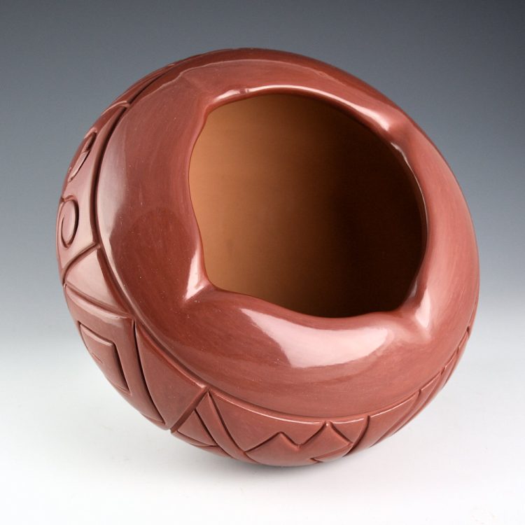 Tafoya-Sanchez, Linda - 8.75" Wide Red Bowl with Eight Design Panels, Star Rim - Image 2