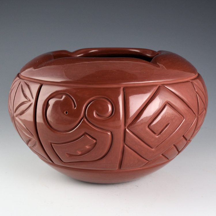 Tafoya-Sanchez, Linda - 8.75" Wide Red Bowl with Eight Design Panels, Star Rim - Image 3