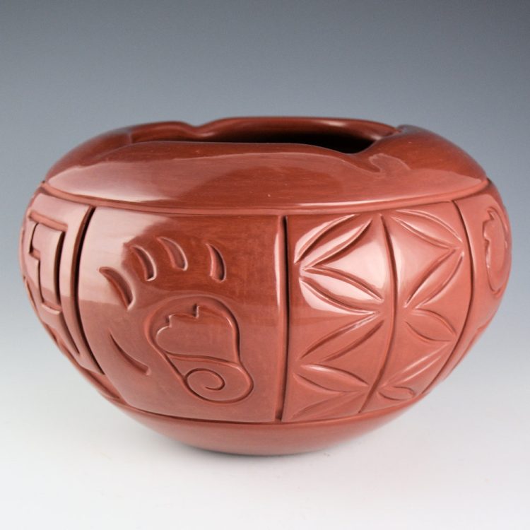 Tafoya-Sanchez, Linda - 8.75" Wide Red Bowl with Eight Design Panels, Star Rim - Image 7