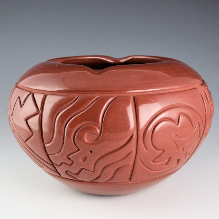 Tafoya-Sanchez, Linda - 8.75" Wide Red Bowl with Eight Design Panels, Star Rim - Image 5