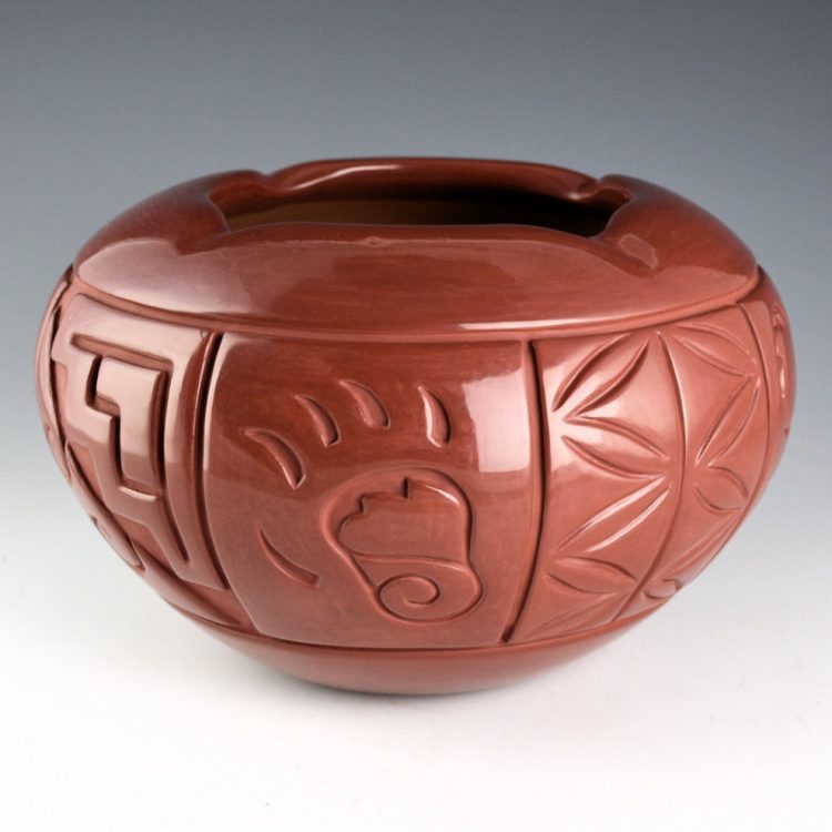 Tafoya-Sanchez, Linda - 8.75" Wide Red Bowl with Eight Design Panels, Star Rim