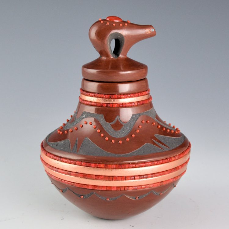 Sanchez, Russell  - Red Jar with Avanyu, Bear Lid and 109 Inset Stones - Image 2