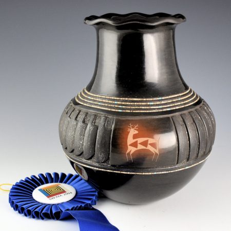 Sanchez, Russell  - 9" Tall Black and Sienna Water Jar with Mimbres Deer, Ribbon (2004)