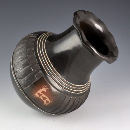 Alternative view of Sanchez, Russell  - 9" Tall Black and Sienna Water Jar with Mimbres Deer, Ribbon (2004)