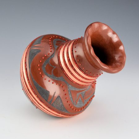 Alternative view of Sanchez, Russell  - Red and Black Water Jar with Avanyu, Fluted Rim, and 110 Coral