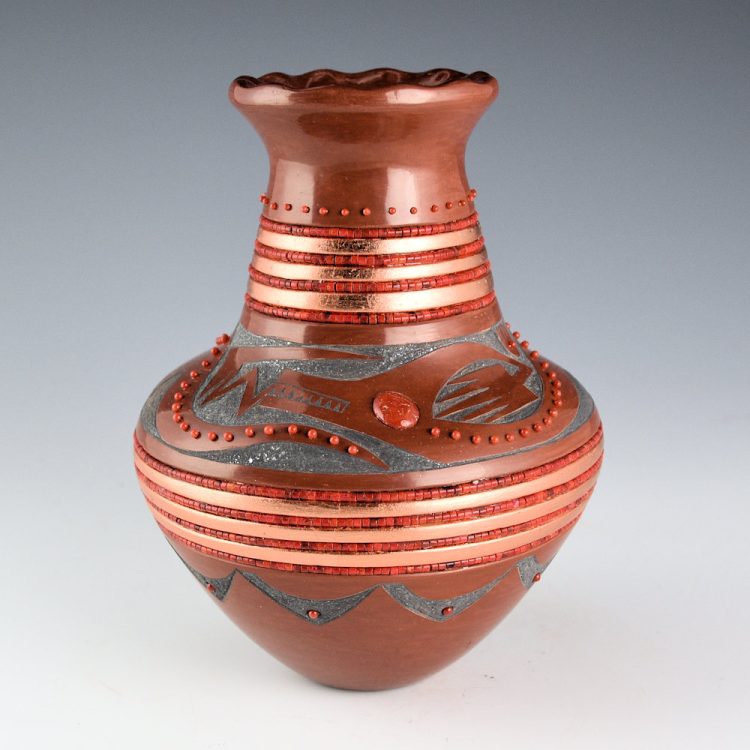 Sanchez, Russell  - Red and Black Water Jar with Avanyu, Fluted Rim, and 110 Coral